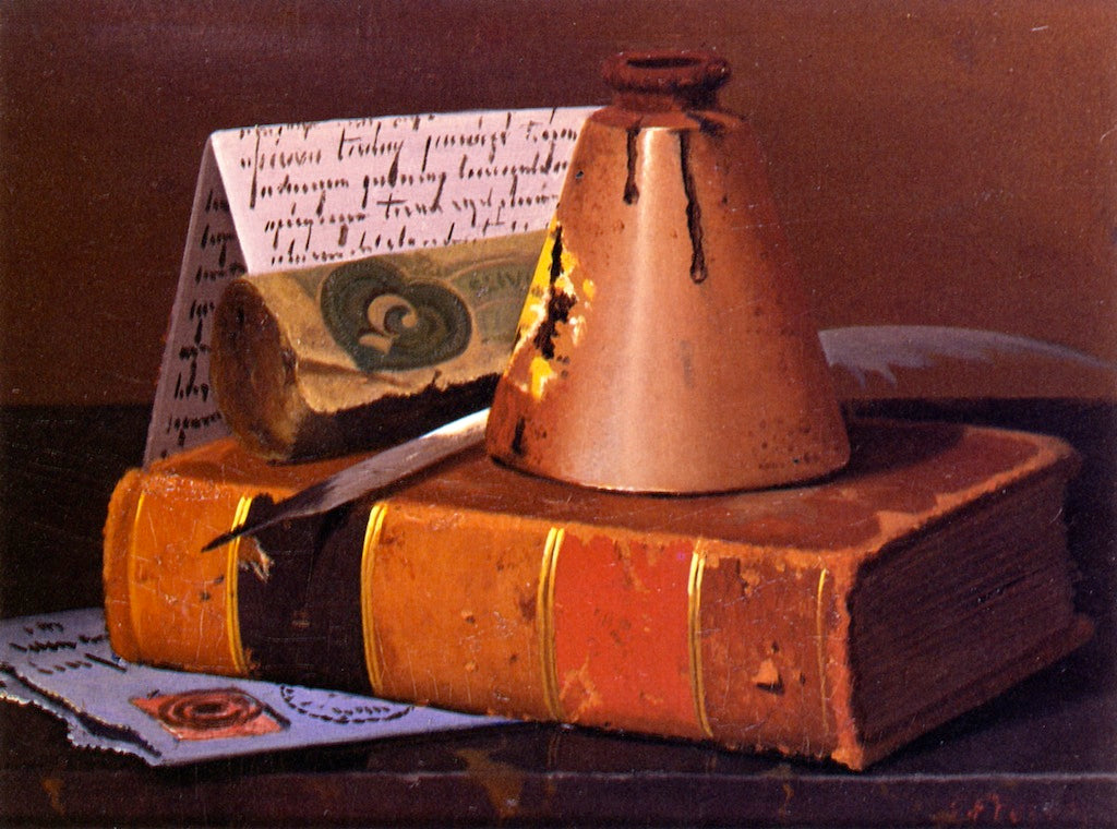 Inkwell and Plume on Old Book, vintage artwork by John Frederick Peto, 12x8" (A4) Poster