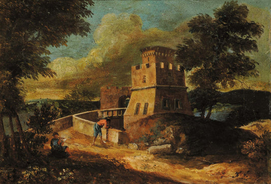 Countryside Scene with Buildings, vintage artwork by Attributed to Paolo Anesi, 12x8" (A4) Poster