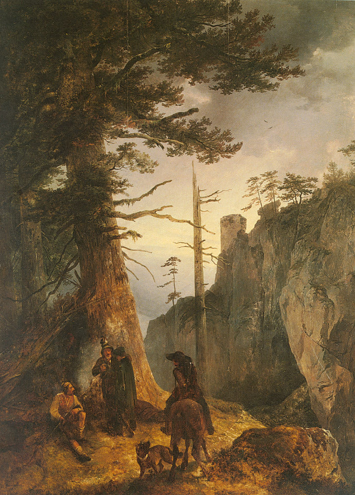 Huntsmen Passing by  the Charcoal Burner's Hut, vintage artwork by Friedrich Gauermann, A3 (16x12") Poster Print
