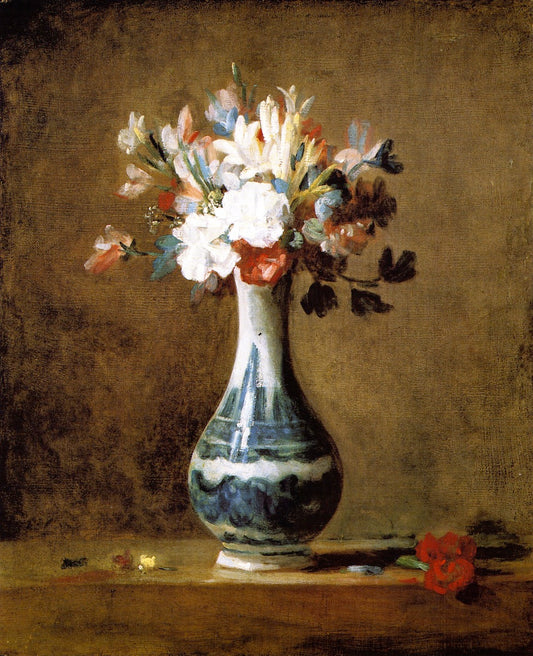 Bouquet of Carnations, Tuberoses and Sweet Peas in a White Porcelain Vase with Blue Decoration, vintage artwork by Jean-Baptiste-Simeon Chardin, 12x8" (A4) Poster