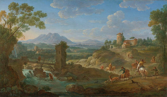Hunting Party in a Landscape with Mountains beyond, vintage artwork by Hendrik Frans van Lint, 12x8" (A4) Poster