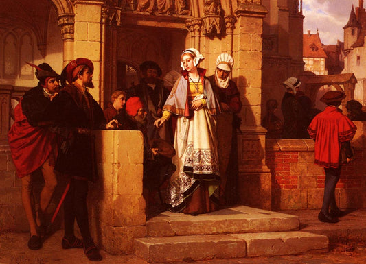 Faust and Mephistopheles Waiting for Gretchen at the Cathedral Door, vintage artwork by Wilhelm Koller, 12x8" (A4) Poster