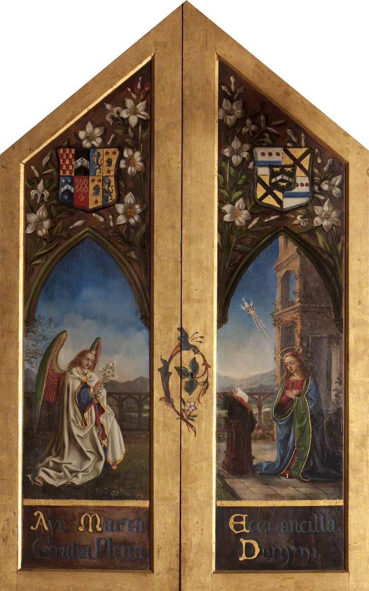 Triptych with the Virgin Annunciate and Archangel Gabriel (outside wings), vintage artwork by Henrietta Chatterton, A3 (16x12") Poster Print