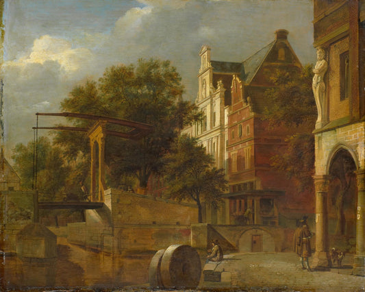 Cityscape with Drawbridge, vintage artwork by Jan van der Heyden, 12x8" (A4) Poster