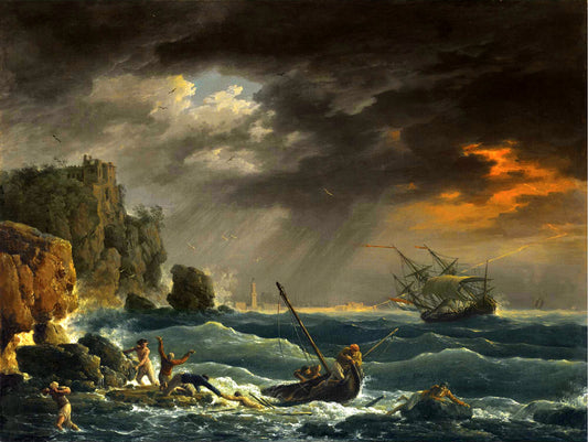 A Mediterranean Coastal Scene with a Shipwreck, vintage artwork by Claude-Joseph Vernet, 12x8" (A4) Poster