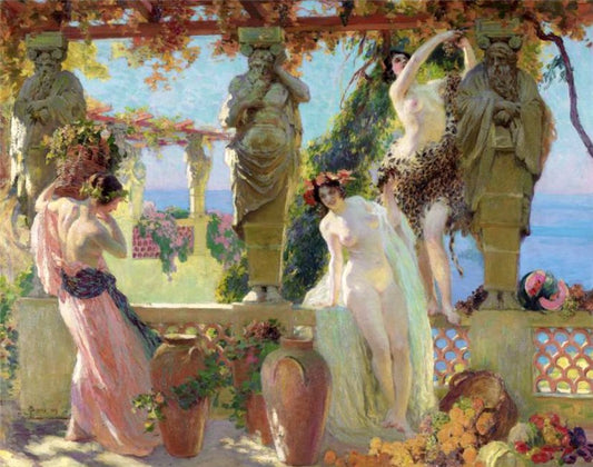 Harvesting Grapes on the Pergola, vintage artwork by Paul Gervais, 12x8" (A4) Poster