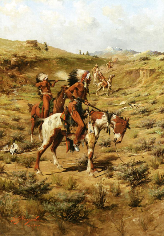 The War Party, vintage artwork by Frank Tenney Johnson, 12x8" (A4) Poster