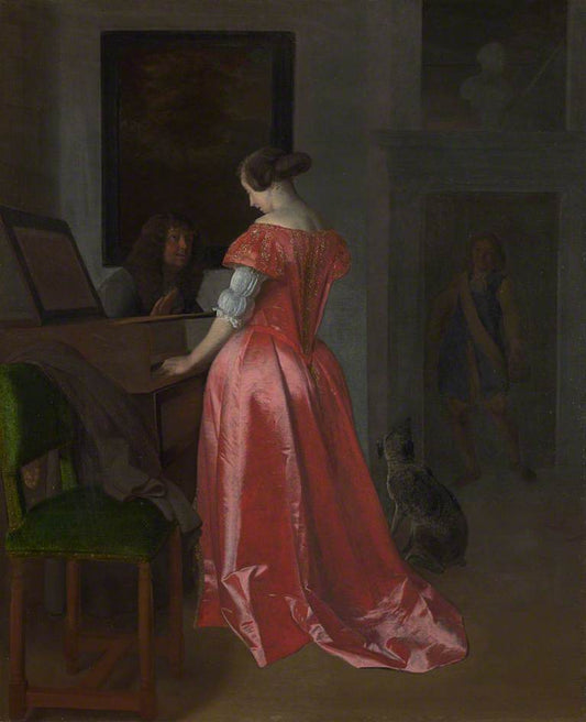 A Woman Standing at a Harpsichord, A Man Seated by  Her, vintage artwork by Jacob Ochtervelt, 12x8" (A4) Poster