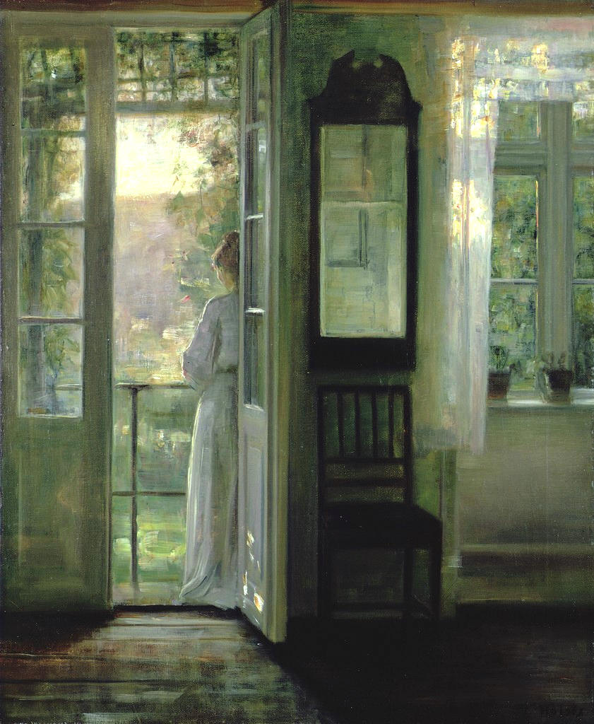 Girl Standing on a Balcony, vintage artwork by Carl Vilhelm Holsøe, 12x8" (A4) Poster