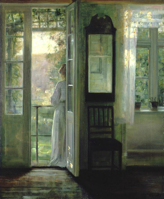 Girl Standing on a Balcony, vintage artwork by Carl Vilhelm Holsøe, 12x8" (A4) Poster