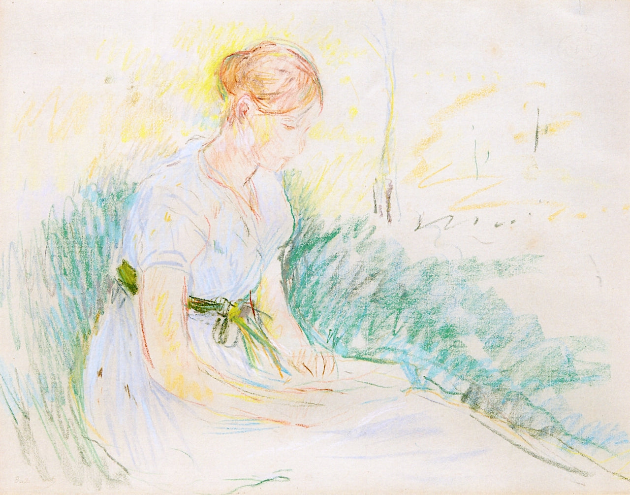 Girl Seated in a Field, vintage artwork by Berthe Morisot, 12x8" (A4) Poster