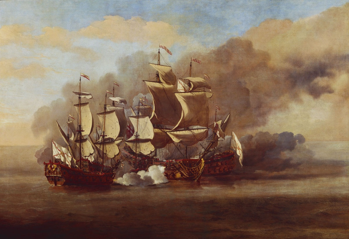 An English Indiaman Attacked by  Three Spanish Privateers, vintage artwork by Willem van de Velde the Younger, 12x8" (A4) Poster