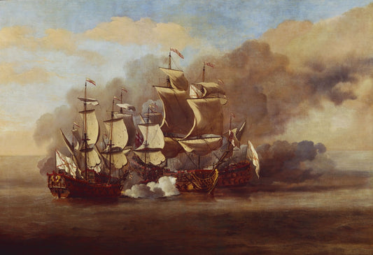An English Indiaman Attacked by  Three Spanish Privateers, vintage artwork by Willem van de Velde the Younger, 12x8" (A4) Poster