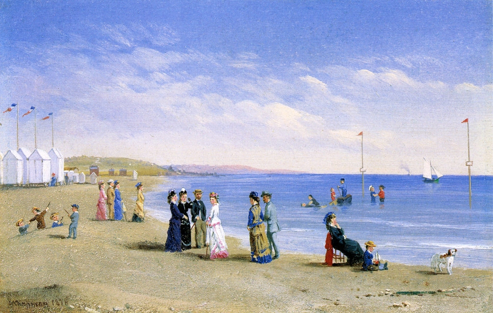 Beach Scene, Trouville-sur-Mer, vintage artwork by Conrad Wise Chapman, 12x8" (A4) Poster