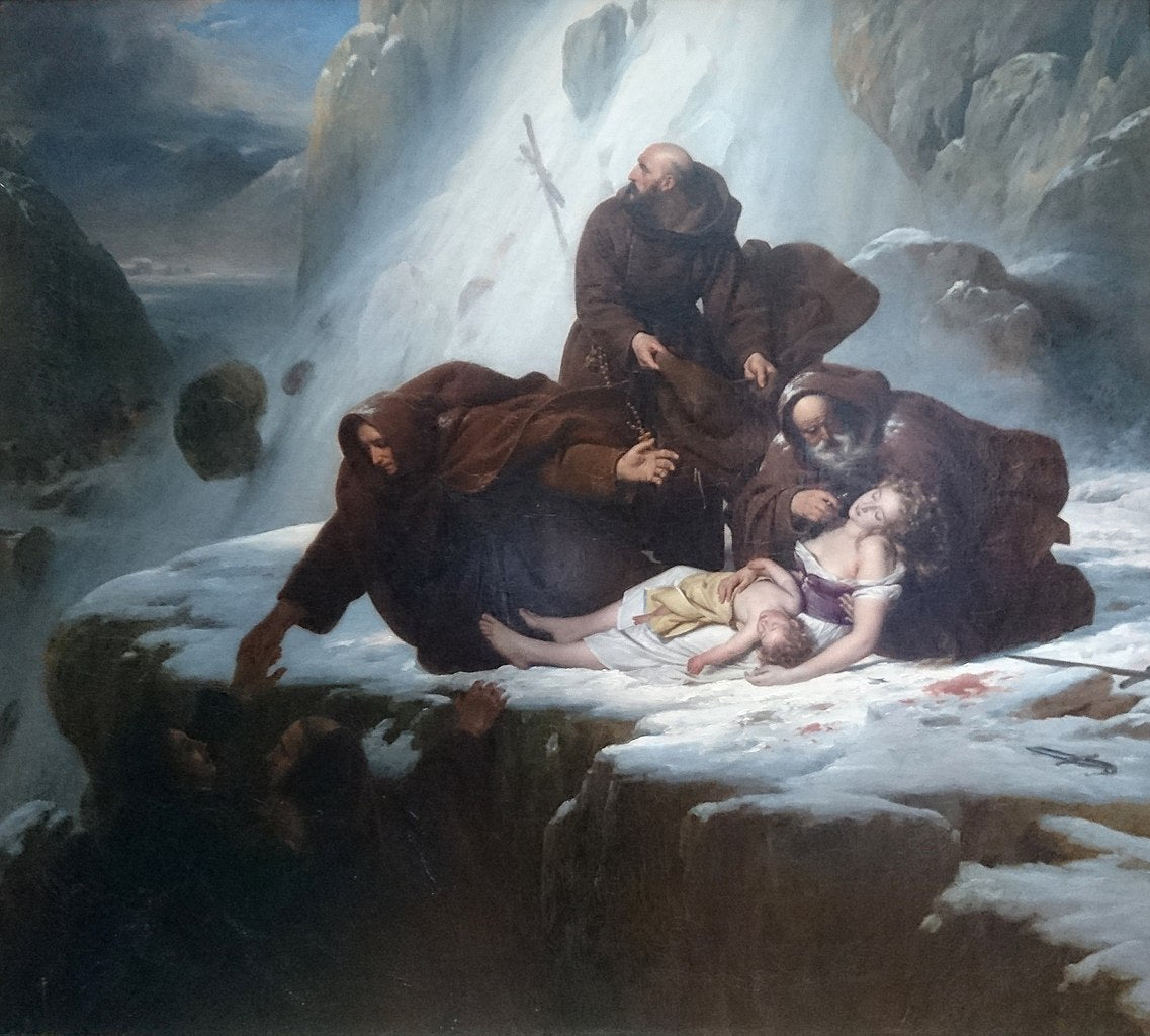 Les Religieux du mont Saint-Gothard, vintage artwork by Louis Hersent, 12x8" (A4) Poster