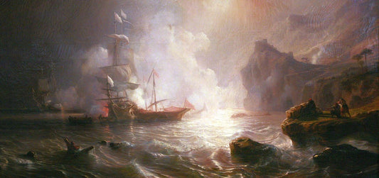 Battle of a French ship of the line and two galleys of the Barbary corsairs, vintage artwork by Theodore Gudin, A3 (16x12") Poster Print