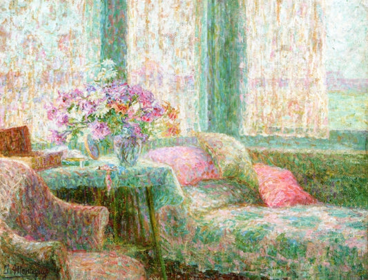Table with Flowers, vintage artwork by Jenny Montigny, 12x8" (A4) Poster