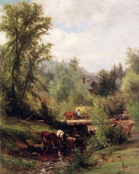Cows Watering at a Stream, vintage artwork by Samuel Lancaster Gerry, A3 (16x12") Poster Print