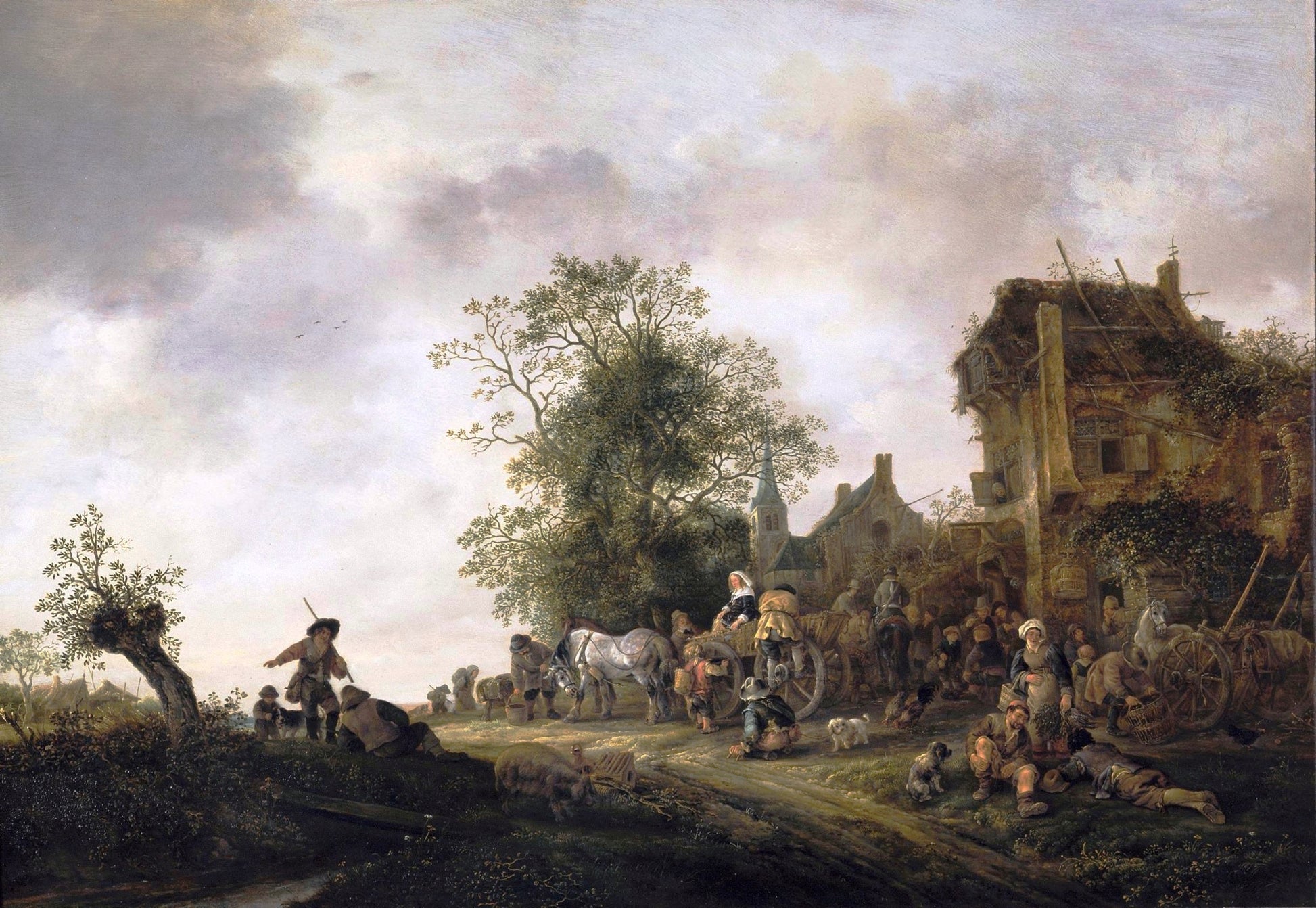 Travellers outside an inn, vintage artwork by Isaac van Ostade, 12x8" (A4) Poster