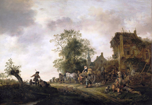 Travellers outside an inn, vintage artwork by Isaac van Ostade, 12x8" (A4) Poster