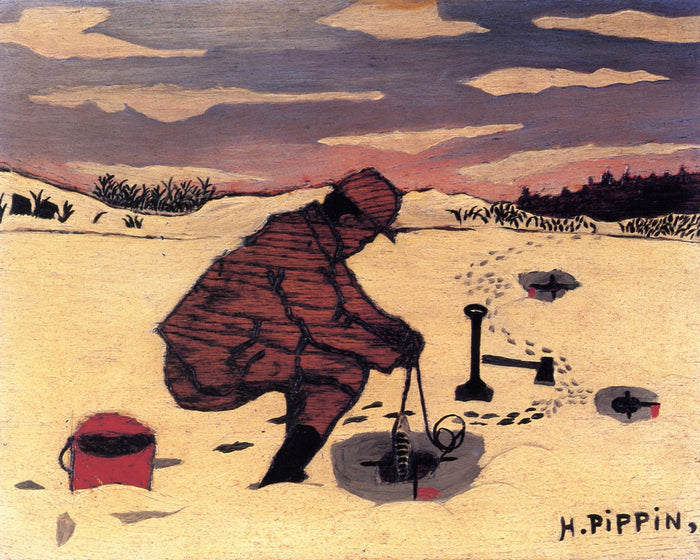 Fishing Through Ice, vintage artwork by Horace Pippin, 12x8