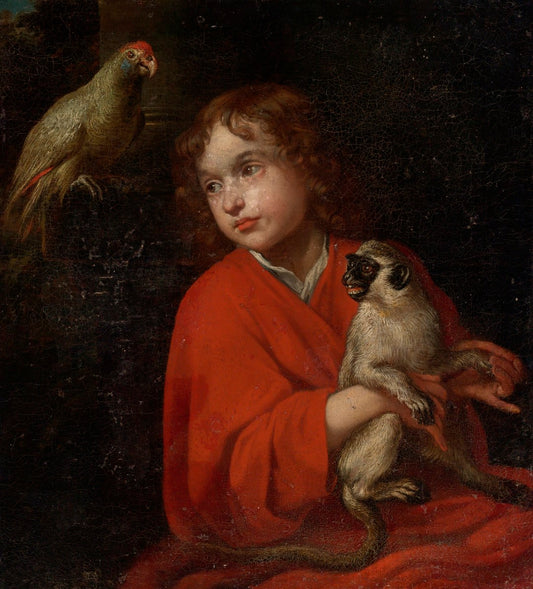 Parrot Watching a Boy Holding a Monkey, vintage artwork by Jacob van Oost the Elder, 12x8" (A4) Poster