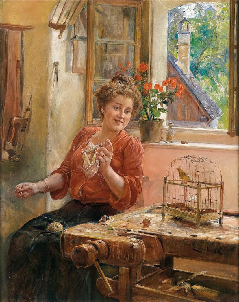Lady Knitting at the Window with Canary, vintage artwork by Ernst Nowak, 12x8" (A4) Poster