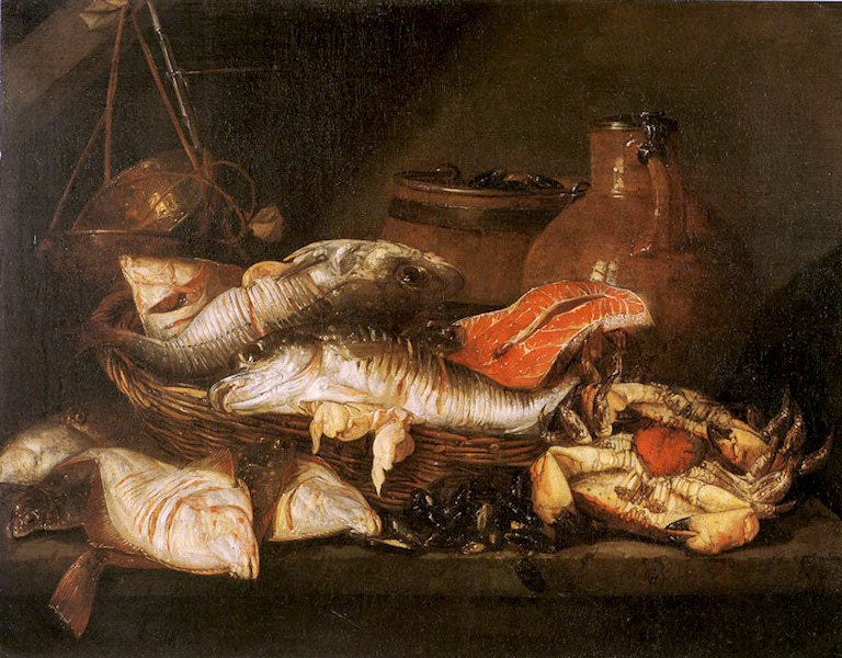 Fish in a Basket near a Scale, vintage artwork by Abraham van Beyeren, 12x8" (A4) Poster