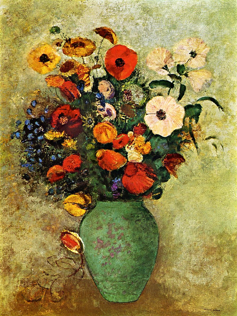 Bouquet of Flowers in a Green Vase, vintage artwork by Odilon Redon, 12x8" (A4) Poster