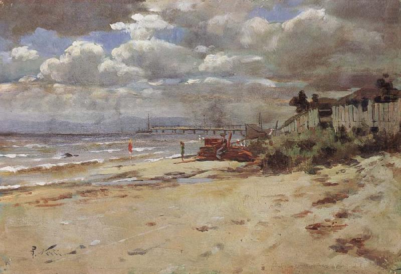 Coast scene with pier, vintage artwork by Girolamo Pieri Pecci Ballati Nerli, 12x8" (A4) Poster