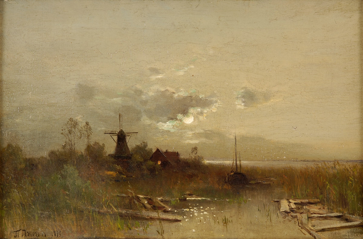 River landscape with full moon, vintage artwork by Pavel Dzhogin, 12x8" (A4) Poster