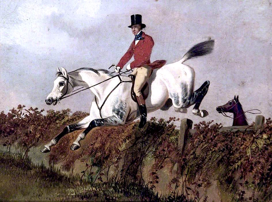 Gentleman on a Grey Horse Taking a Fence, vintage artwork by John Dalby , A3 (16x12") Poster Print