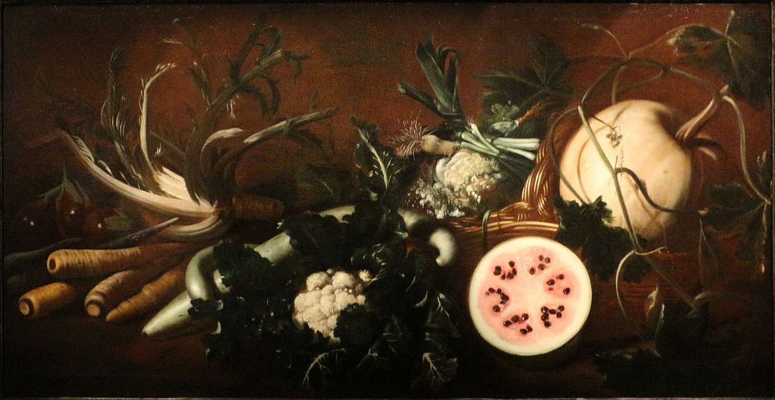 Still life with fruit and vegetables, vintage artwork by Simon del Tintore, 12x8" (A4) Poster