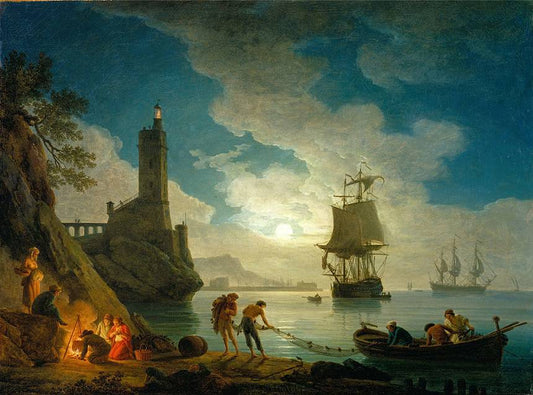 A Harbor in Moonlight, vintage artwork by Claude-Joseph Vernet, 12x8" (A4) Poster