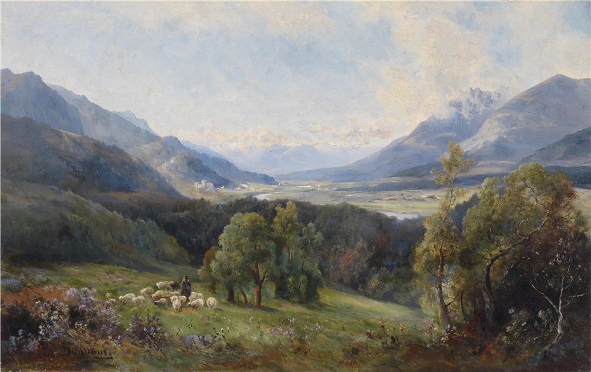 View of a Valley, a Flock of Sheep in the Foreground, vintage artwork by Emil Barbarini, 12x8" (A4) Poster