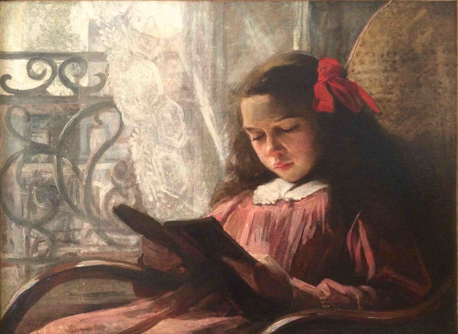 Young girl reading, vintage artwork by Angèle Blanche Denvil, 12x8" (A4) Poster