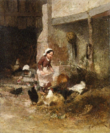 Feeding the Chickens, vintage artwork by Alexandre Defaux, 12x8" (A4) Poster