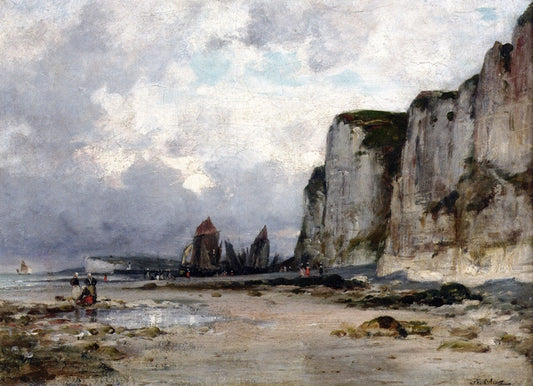 Departure of the Fishing Fleet at the Foot of the Cliffs of Étretat, vintage artwork by Jean-Baptiste Olive, 12x8" (A4) Poster