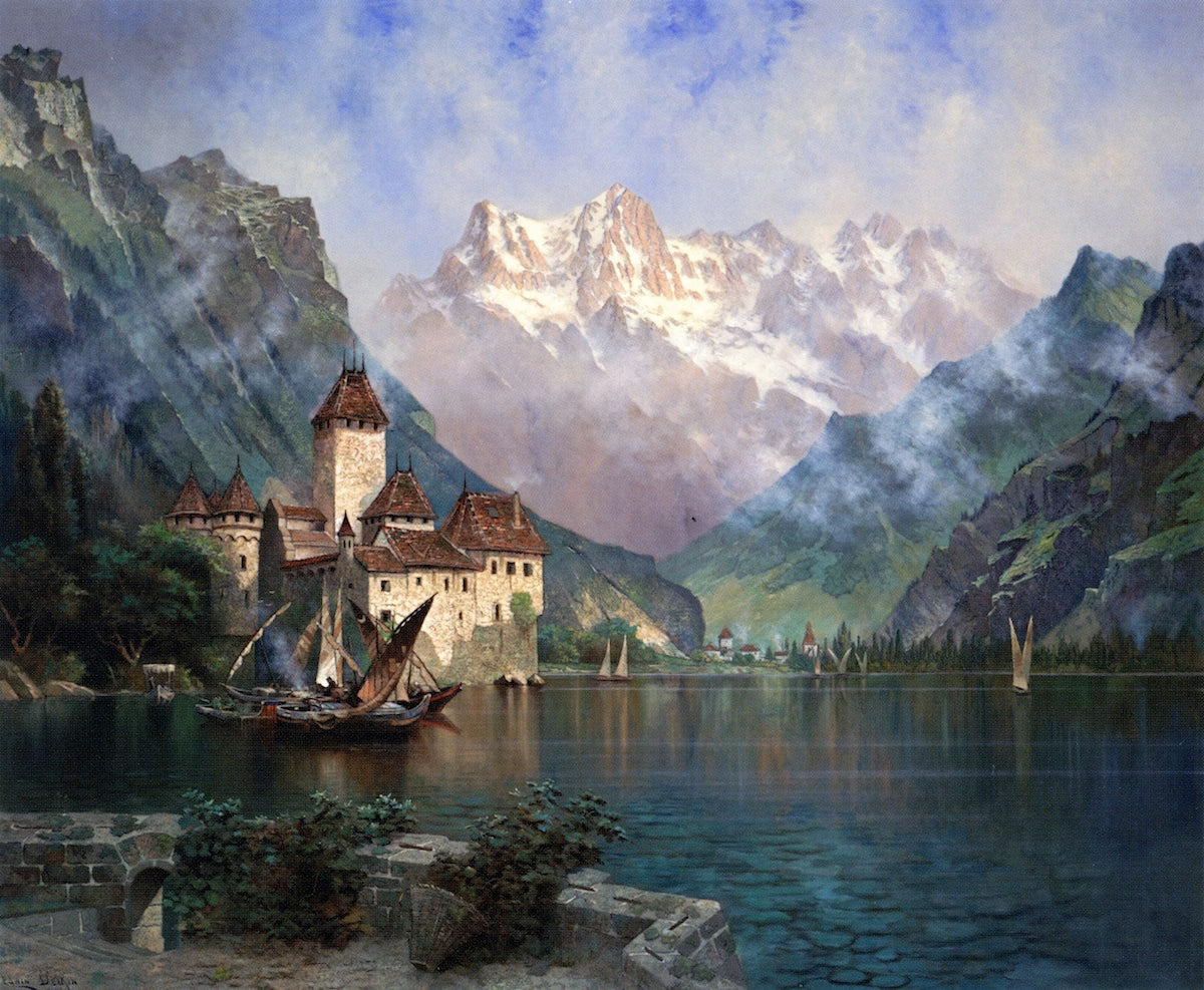 Dent du Midi (Castle of Chillon, Lake Geneva), vintage artwork by Edwin Deakin, 12x8" (A4) Poster