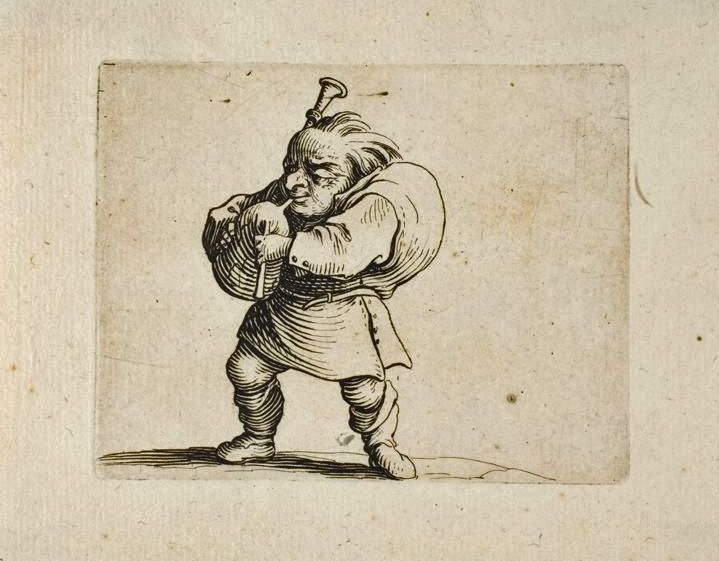Les Gobbi, suite appelee aussi Les Bossus, Les Pygmees, Les Nains Grotesques ~ The Bagpipe Player, vintage artwork by Jacques Callot, 12x8" (A4) Poster