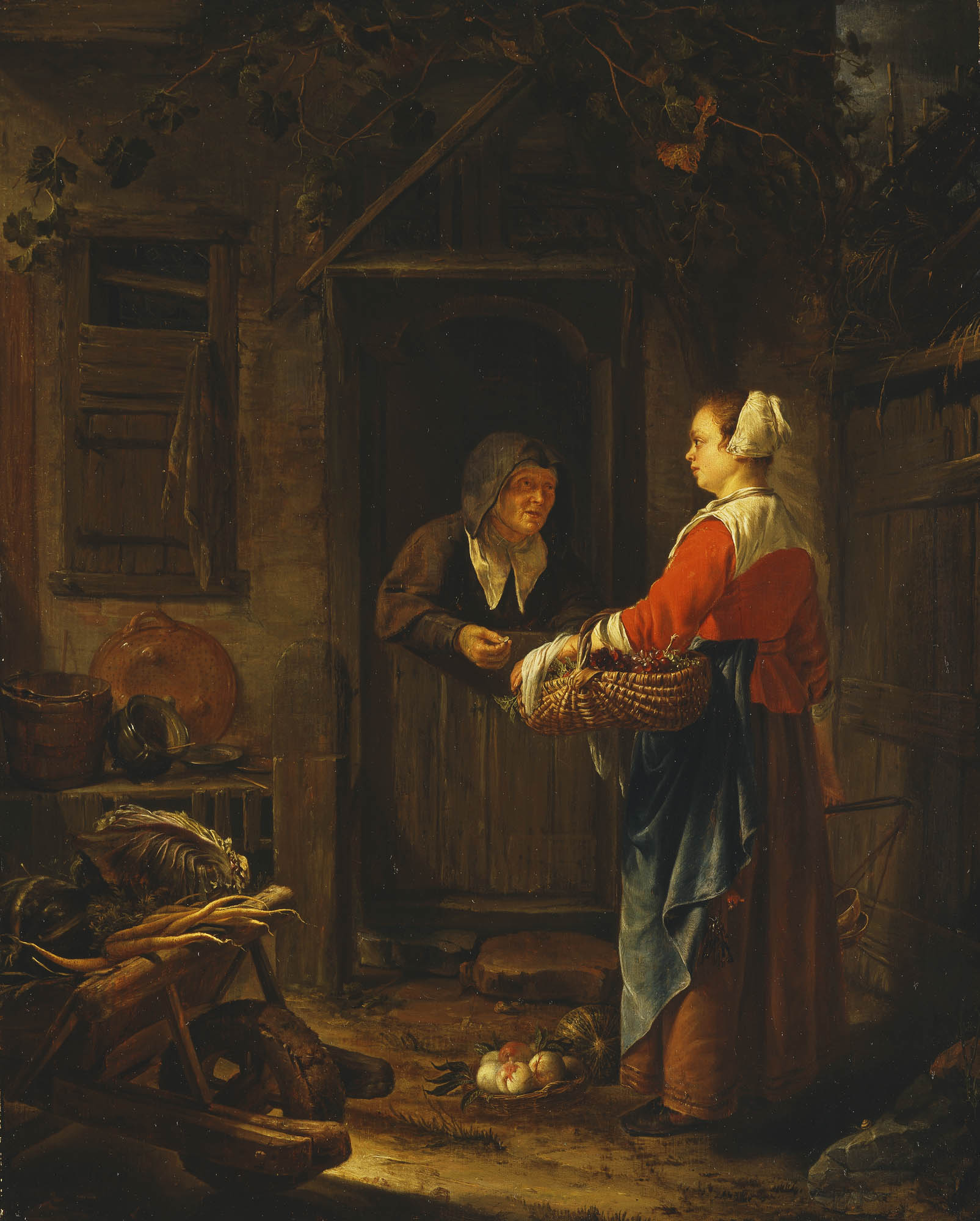 A Girl Selling Grapes to an Old Woman, vintage artwork by Frans van Mieris the Elder, 12x8" (A4) Poster