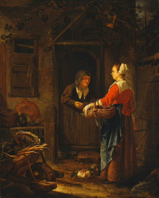 A Girl Selling Grapes to an Old Woman, vintage artwork by Frans van Mieris the Elder, 12x8" (A4) Poster