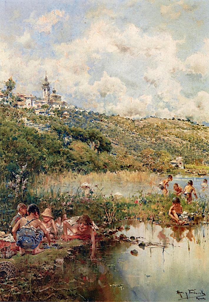 Children Playing at the Water's Edge, vintage artwork by Arcadio Mas y Fondevila, 12x8" (A4) Poster