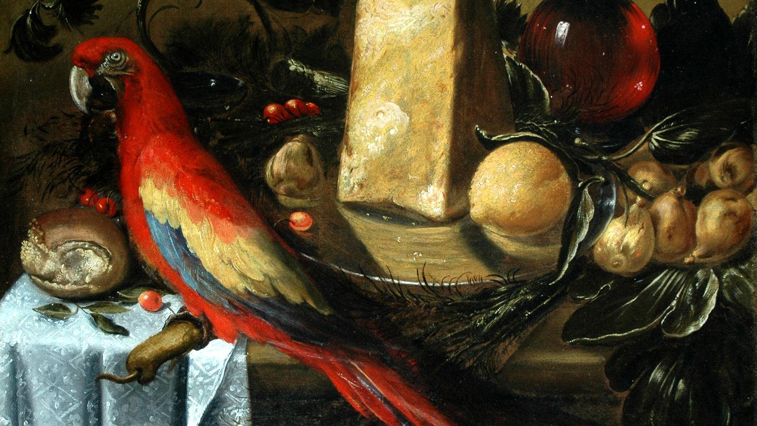 Still-life with a Parrot Macaw, vintage artwork by Juan Fernández el Labrador, 12x8" (A4) Poster