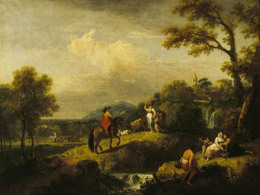 Italian Landscape with Figures by  a Waterfall, vintage artwork by Francesco Zuccarelli, 12x8" (A4) Poster