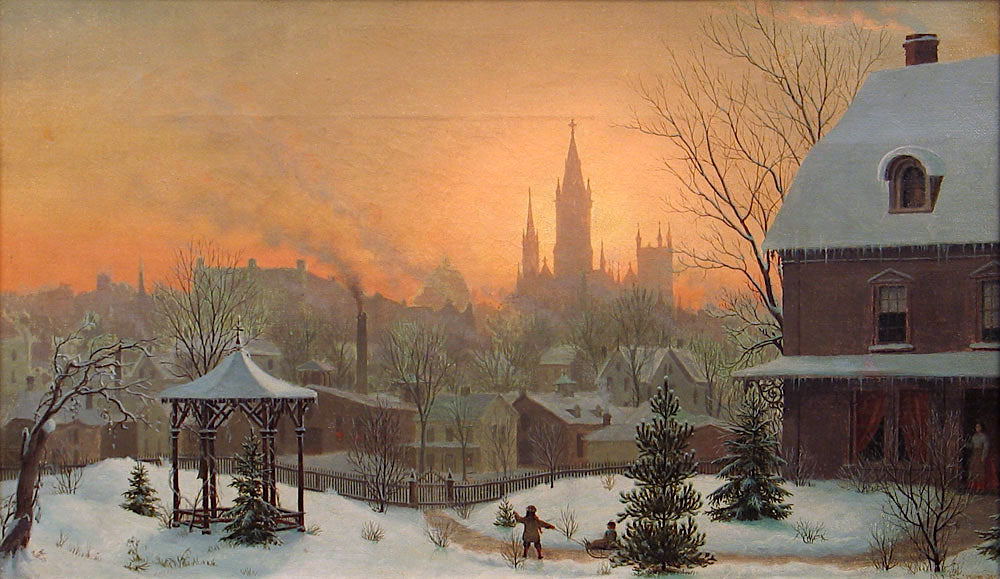 Town Scene in Winter, vintage artwork by Mortimer L. Smith, 12x8" (A4) Poster