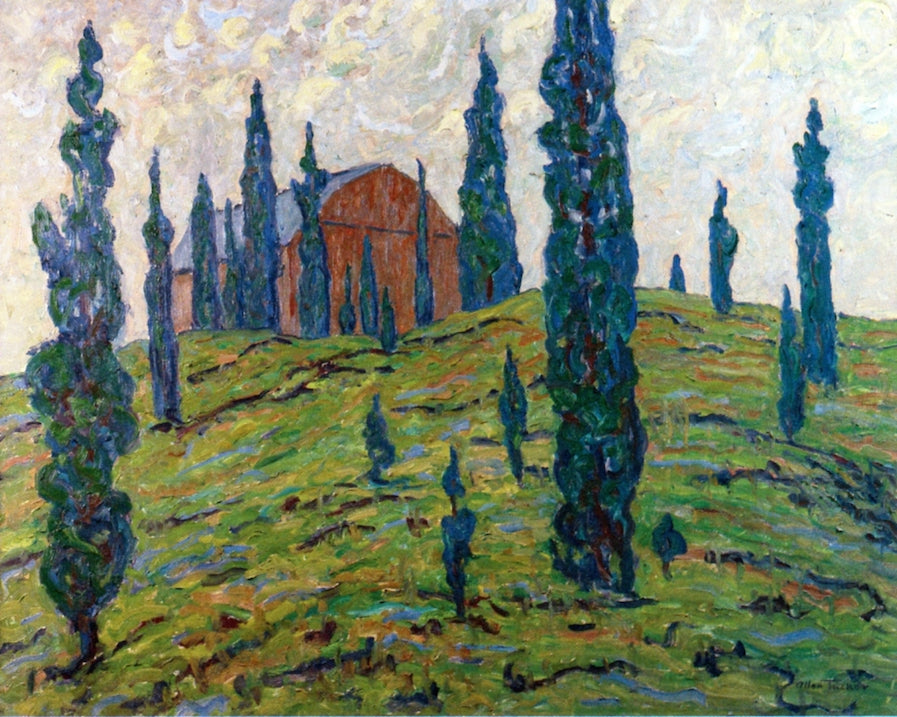 Landscape with Cypress Trees, vintage artwork by Allen Tucker, 12x8" (A4) Poster