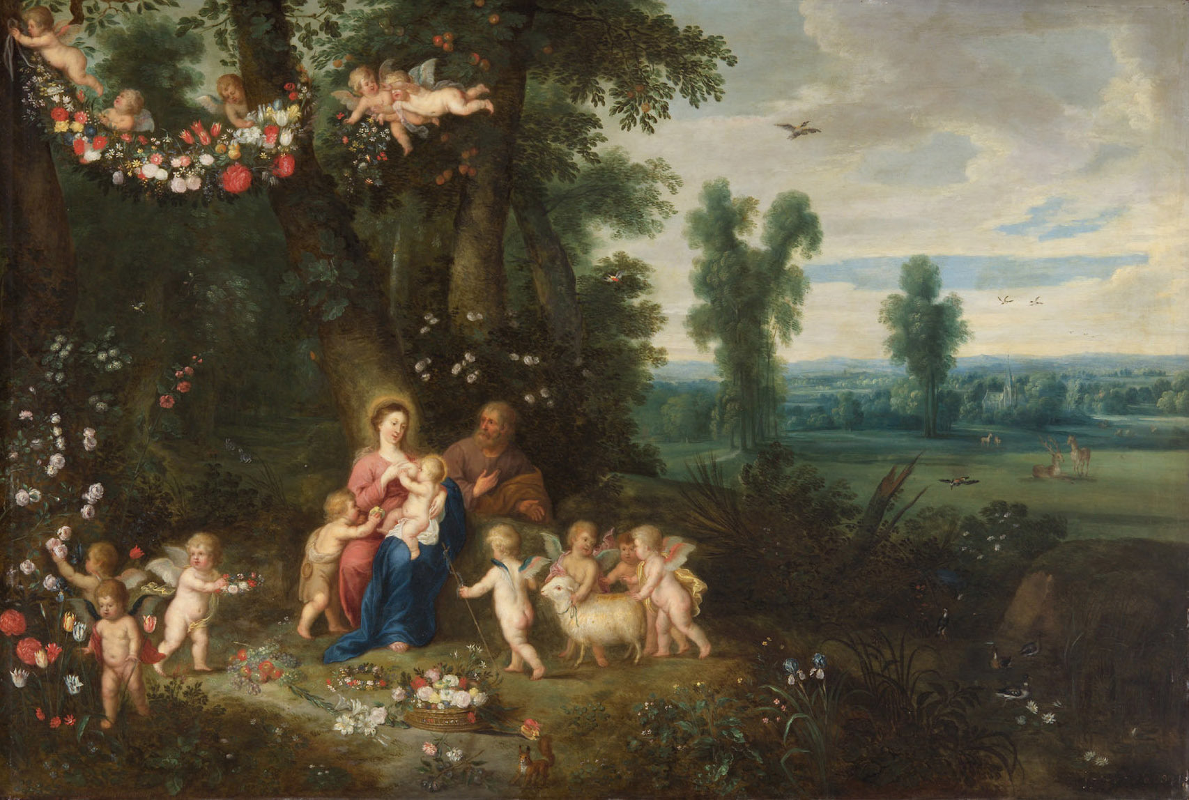 Holy Family with Saint John and the Angels, vintage artwork by Jan Brueghel the Younger, 12x8" (A4) Poster