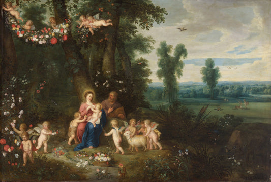 Holy Family with Saint John and the Angels, vintage artwork by Jan Brueghel the Younger, 12x8" (A4) Poster