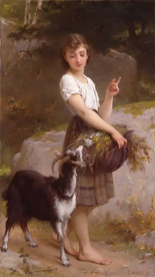 Young Girl with Goat and Flowers, vintage artwork by Émile Munier, 12x8" (A4) Poster